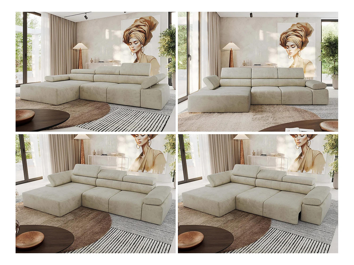 Ecksofa RILASSO - L-förmige Ecke mit Relax-funktion, elektrisch verstellbarer Sitz, Armlehnen - Beige Velvet - Ecke Links