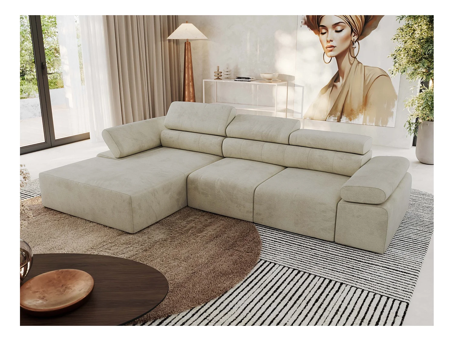 Ecksofa RILASSO - L-förmige Ecke mit Relax-funktion, elektrisch verstellbarer Sitz, Armlehnen - Beige Velvet - Ecke Links