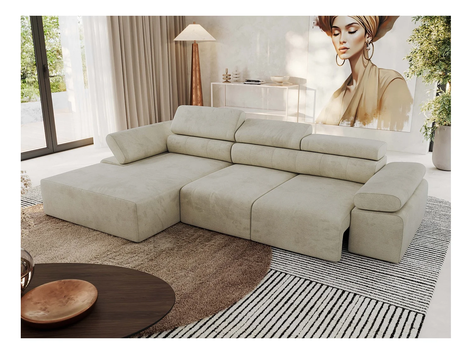 Ecksofa RILASSO - L-förmige Ecke mit Relax-funktion, elektrisch verstellbarer Sitz, Armlehnen - Beige Velvet - Ecke Links