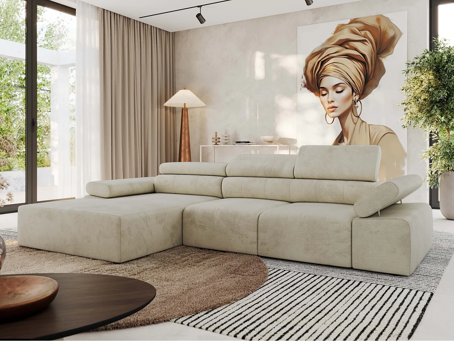 Ecksofa RILASSO - L-förmige Ecke mit Relax-funktion, elektrisch verstellbarer Sitz, Armlehnen - Beige Velvet - Ecke Links