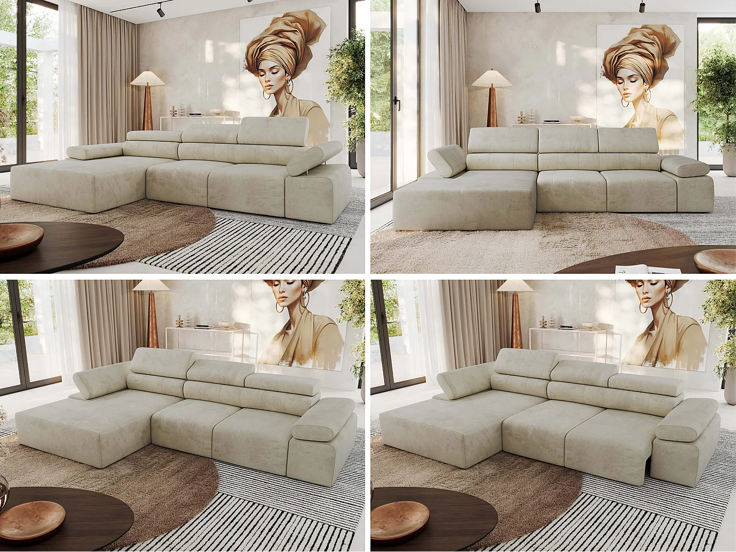 Ecksofa RILASSO - L-förmige Ecke mit Relax-funktion, elektrisch verstellbarer Sitz, Armlehnen - Beige Velvet - Ecke Links