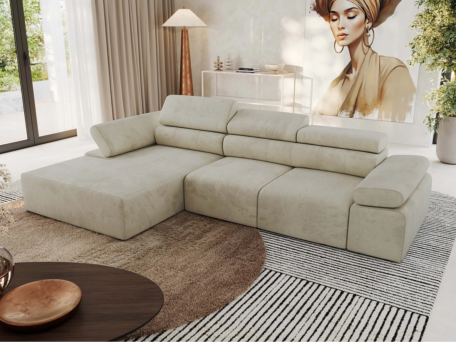 Ecksofa RILASSO - L-förmige Ecke mit Relax-funktion, elektrisch verstellbarer Sitz, Armlehnen - Beige Velvet - Ecke Links