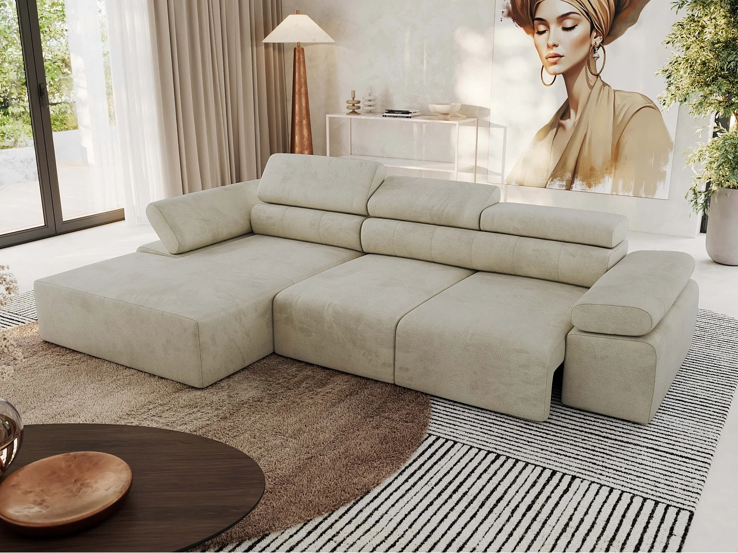 Ecksofa RILASSO - L-förmige Ecke mit Relax-funktion, elektrisch verstellbarer Sitz, Armlehnen - Beige Velvet - Ecke Links