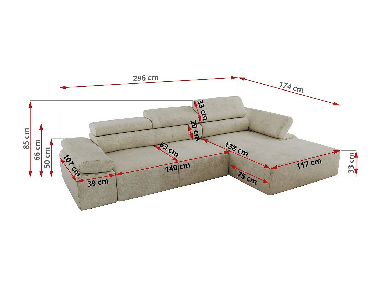 Ecksofa RILASSO - L-förmige Ecke mit Relax-funktion, elektrisch verstellbarer Sitz, Armlehnen - Beige Velvet - Ecke Links