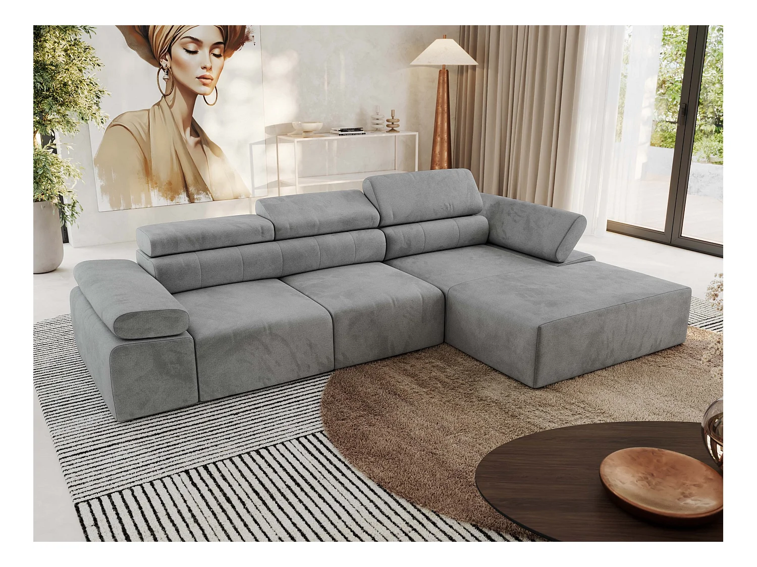 Ecksofa RILASSO - L-förmige Ecke mit Relax-funktion, elektrisch verstellbarer Sitz, Armlehnen - Hellgrau Velvet - Ecke Rechts