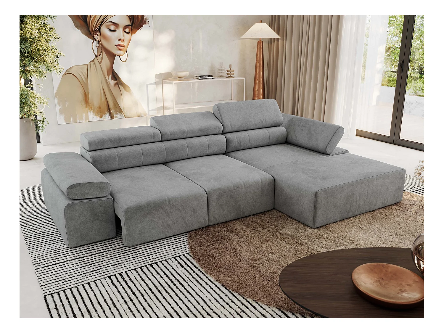 Ecksofa RILASSO - L-förmige Ecke mit Relax-funktion, elektrisch verstellbarer Sitz, Armlehnen - Hellgrau Velvet - Ecke Rechts