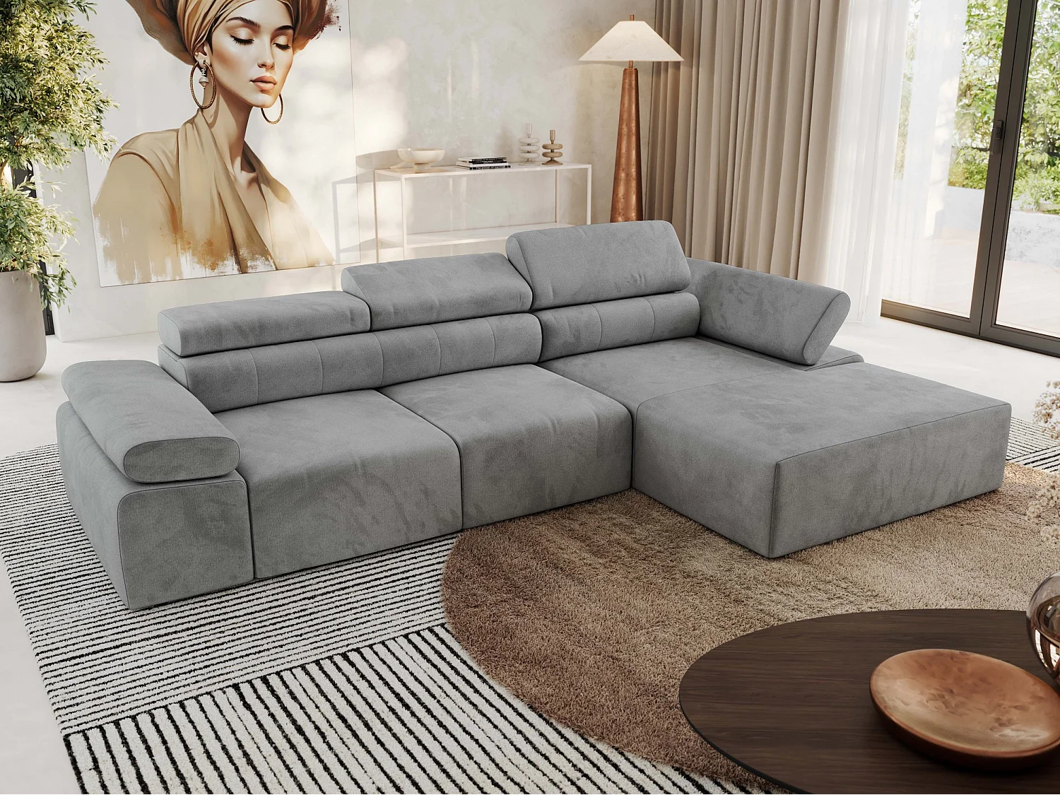 Ecksofa RILASSO - L-förmige Ecke mit Relax-funktion, elektrisch verstellbarer Sitz, Armlehnen - Hellgrau Velvet - Ecke Rechts