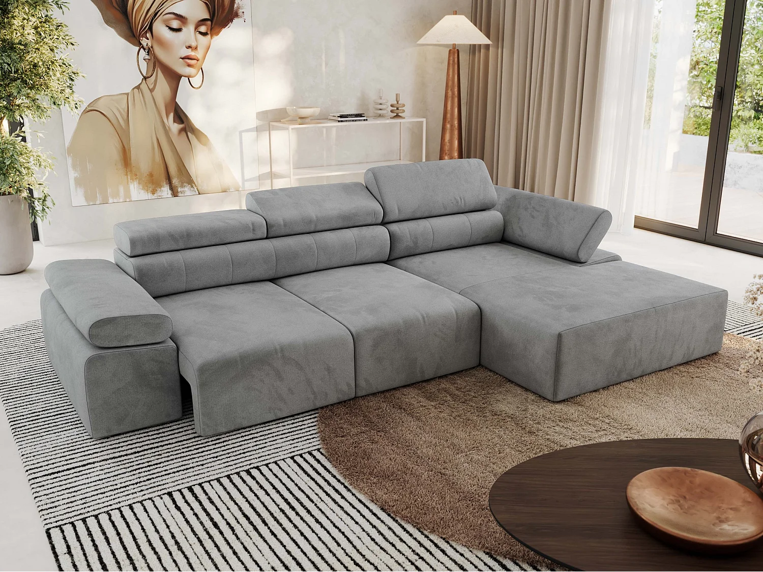 Ecksofa RILASSO - L-förmige Ecke mit Relax-funktion, elektrisch verstellbarer Sitz, Armlehnen - Hellgrau Velvet - Ecke Rechts