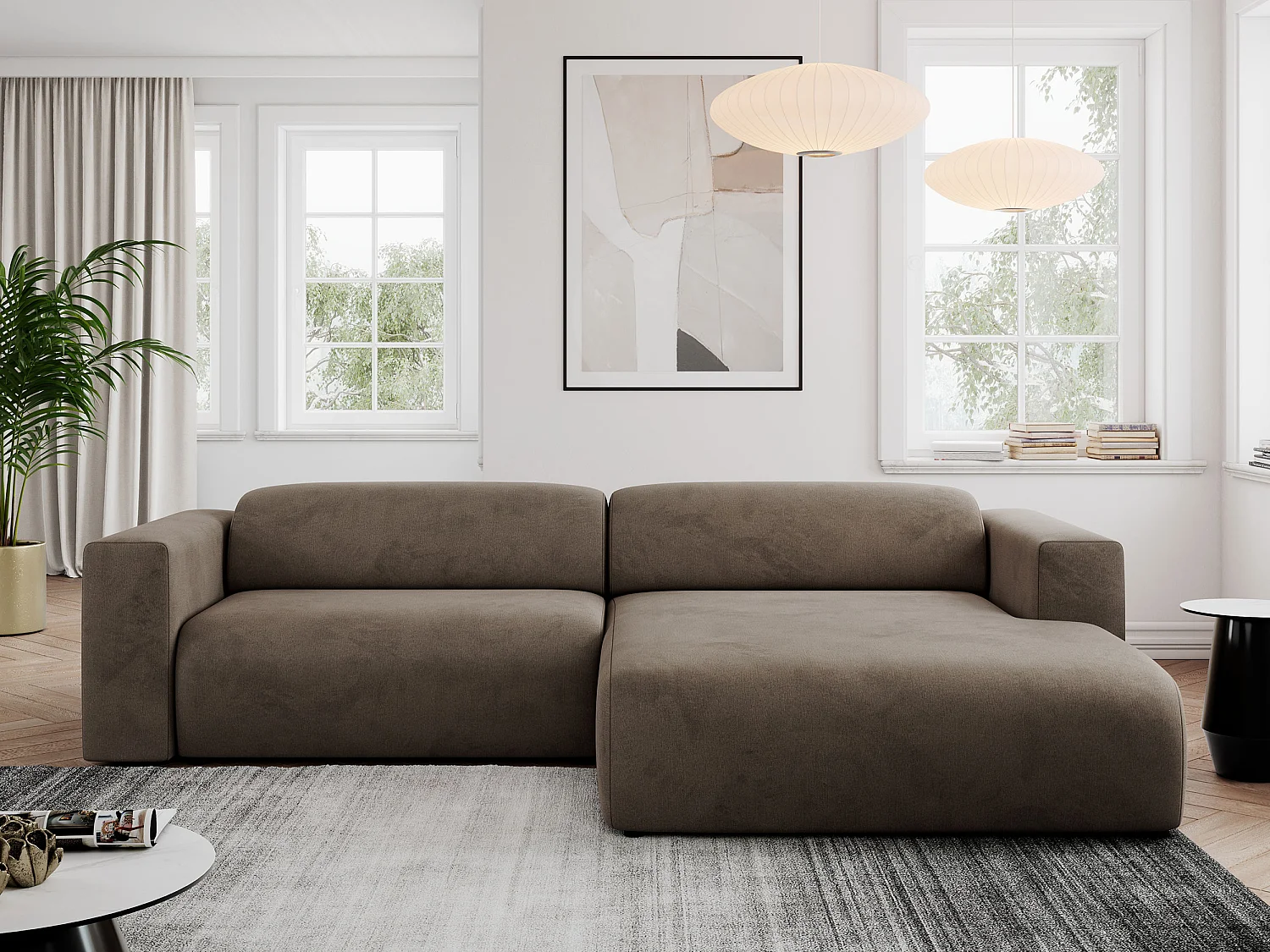 Ecksofa PASADENA - mit Armlehnen, Wohnlandschaft, freistehendes Sofa, große Ecke - Braun Velvet - Ecke Rechts