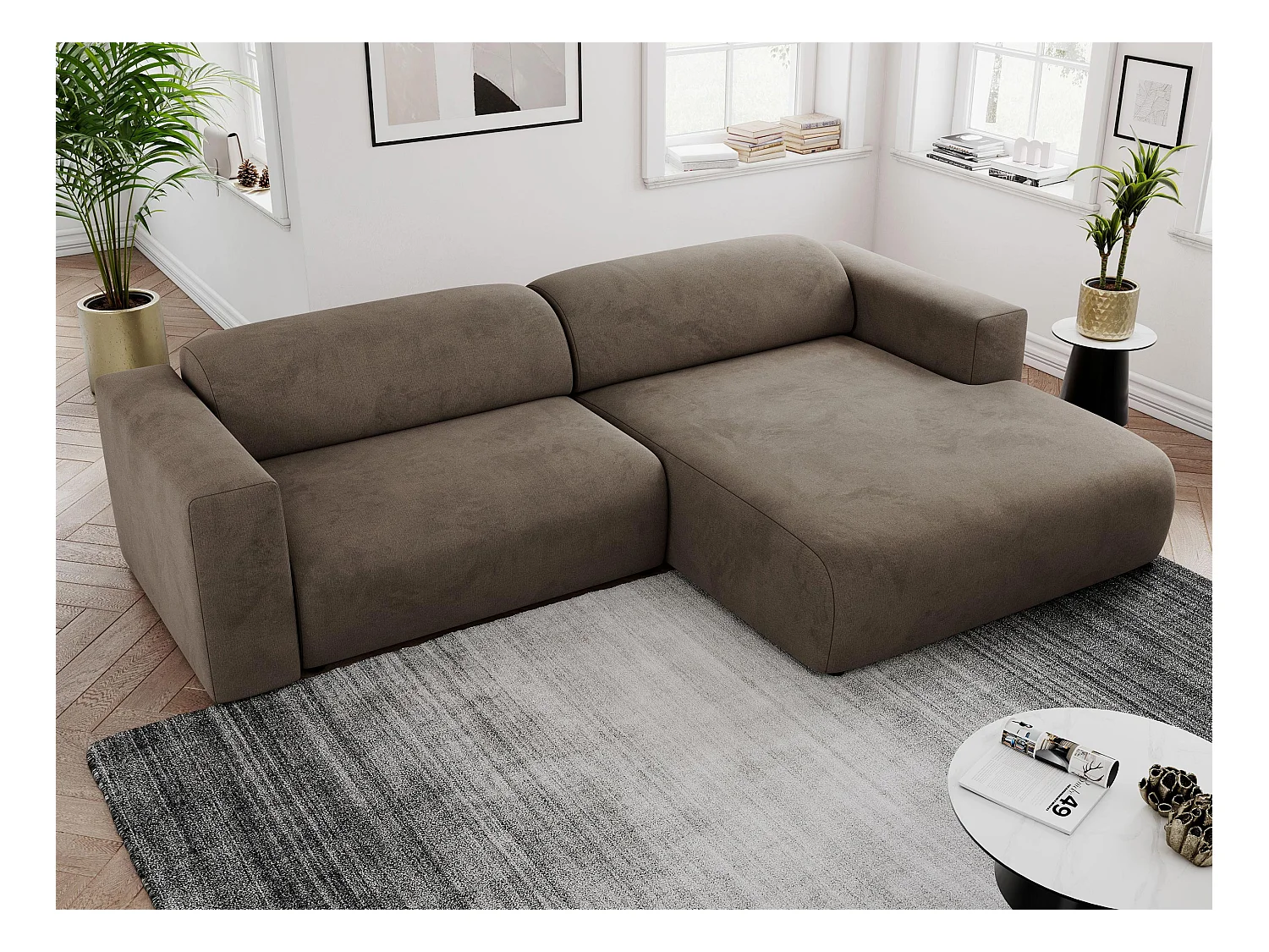 Ecksofa PASADENA - mit Armlehnen, Wohnlandschaft, freistehendes Sofa, große Ecke - Braun Velvet - Ecke Rechts