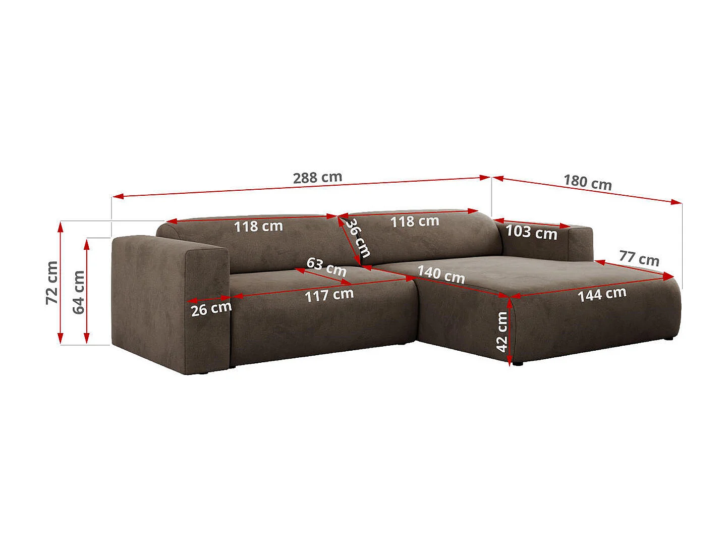 Ecksofa PASADENA - mit Armlehnen, Wohnlandschaft, freistehendes Sofa, große Ecke - Braun Velvet - Ecke Rechts