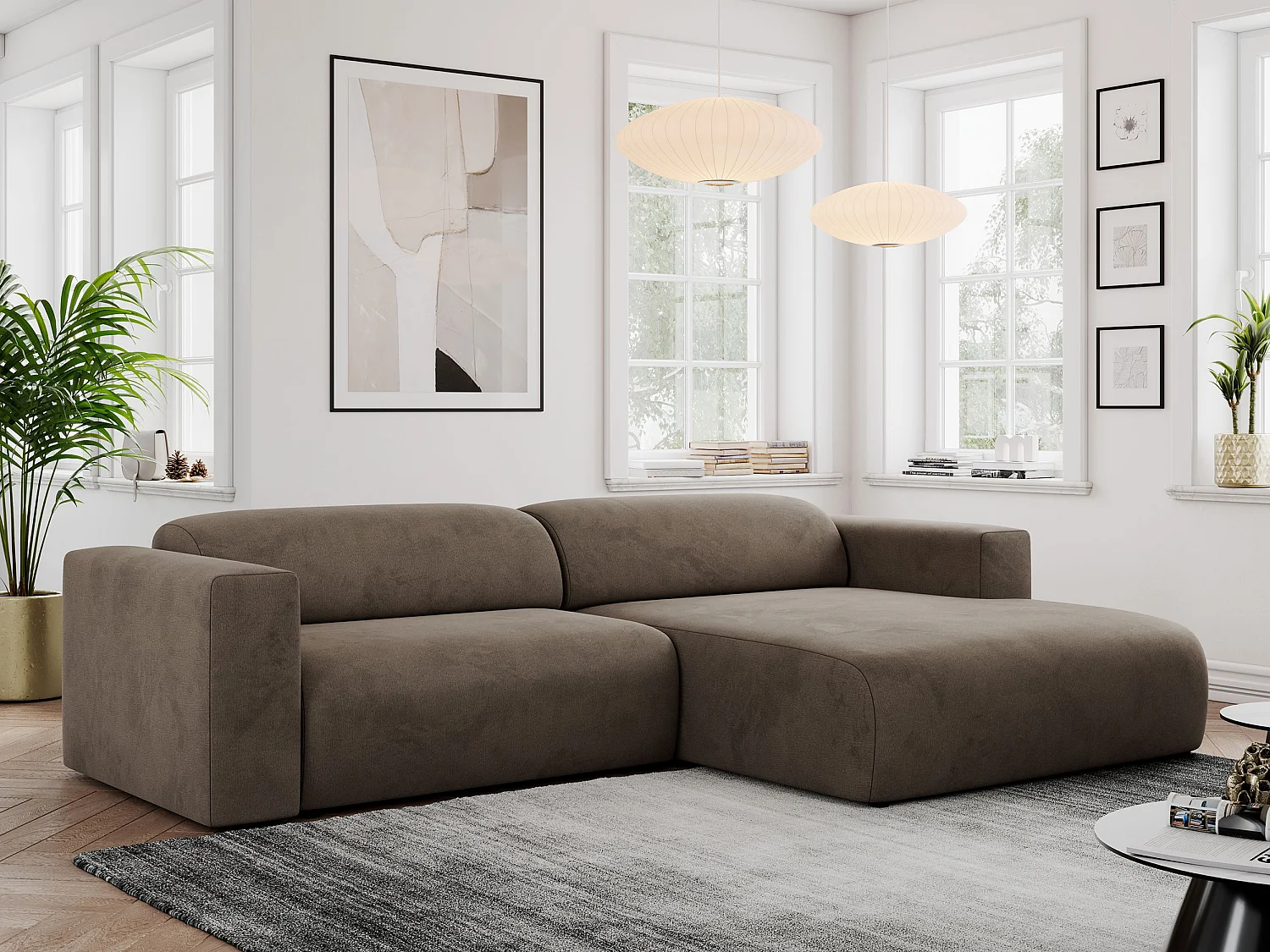 Ecksofa PASADENA - mit Armlehnen, Wohnlandschaft, freistehendes Sofa, große Ecke - Braun Velvet - Ecke Rechts