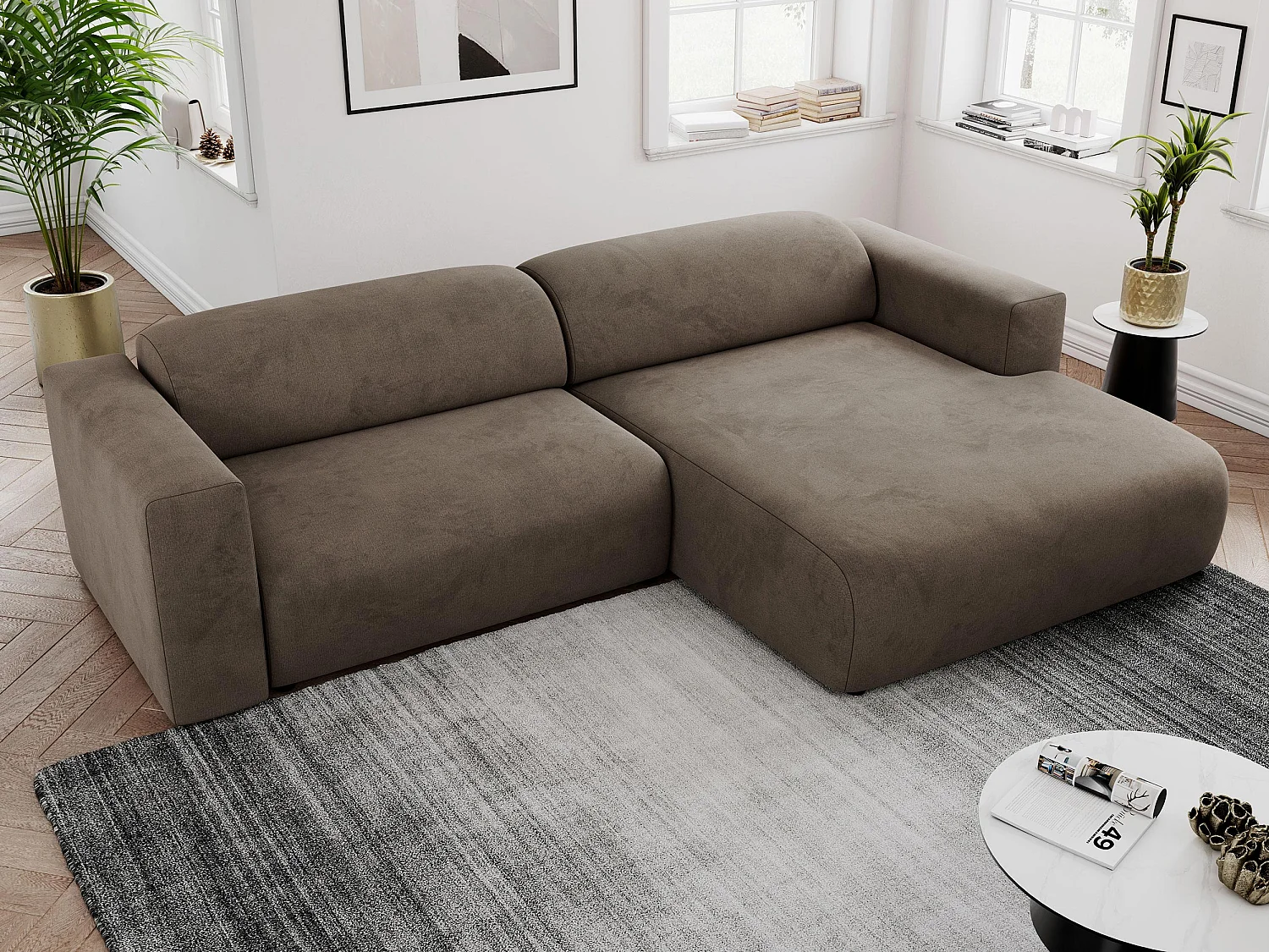 Ecksofa PASADENA - mit Armlehnen, Wohnlandschaft, freistehendes Sofa, große Ecke - Braun Velvet - Ecke Rechts