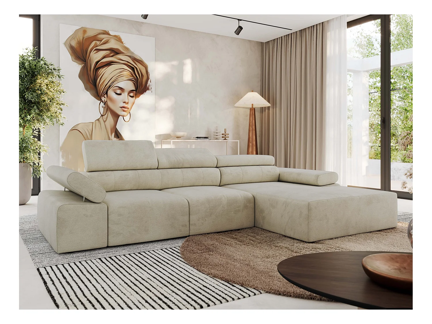 Ecksofa RILASSO - L-förmige Ecke mit Relax-funktion, elektrisch verstellbarer Sitz, Armlehnen - Beige Velvet - Ecke Rechts