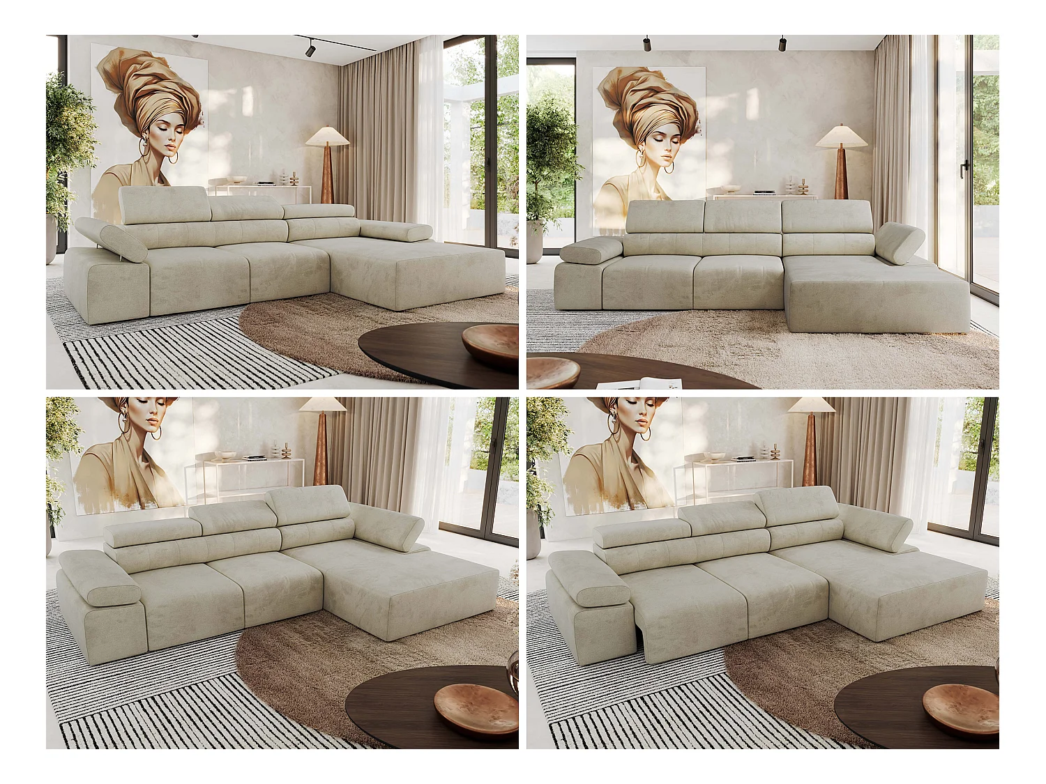 Ecksofa RILASSO - L-förmige Ecke mit Relax-funktion, elektrisch verstellbarer Sitz, Armlehnen - Beige Velvet - Ecke Rechts