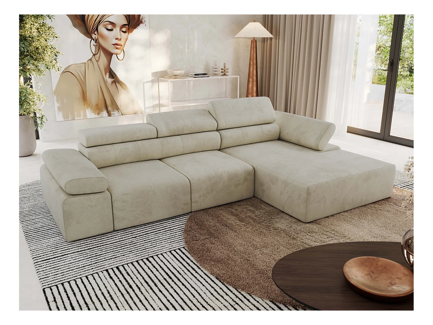 Ecksofa RILASSO - L-förmige Ecke mit Relax-funktion, elektrisch verstellbarer Sitz, Armlehnen - Beige Velvet - Ecke Rechts