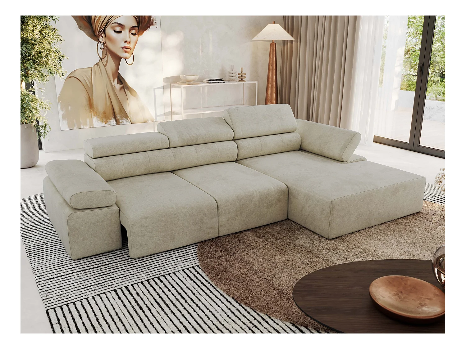 Ecksofa RILASSO - L-förmige Ecke mit Relax-funktion, elektrisch verstellbarer Sitz, Armlehnen - Beige Velvet - Ecke Rechts