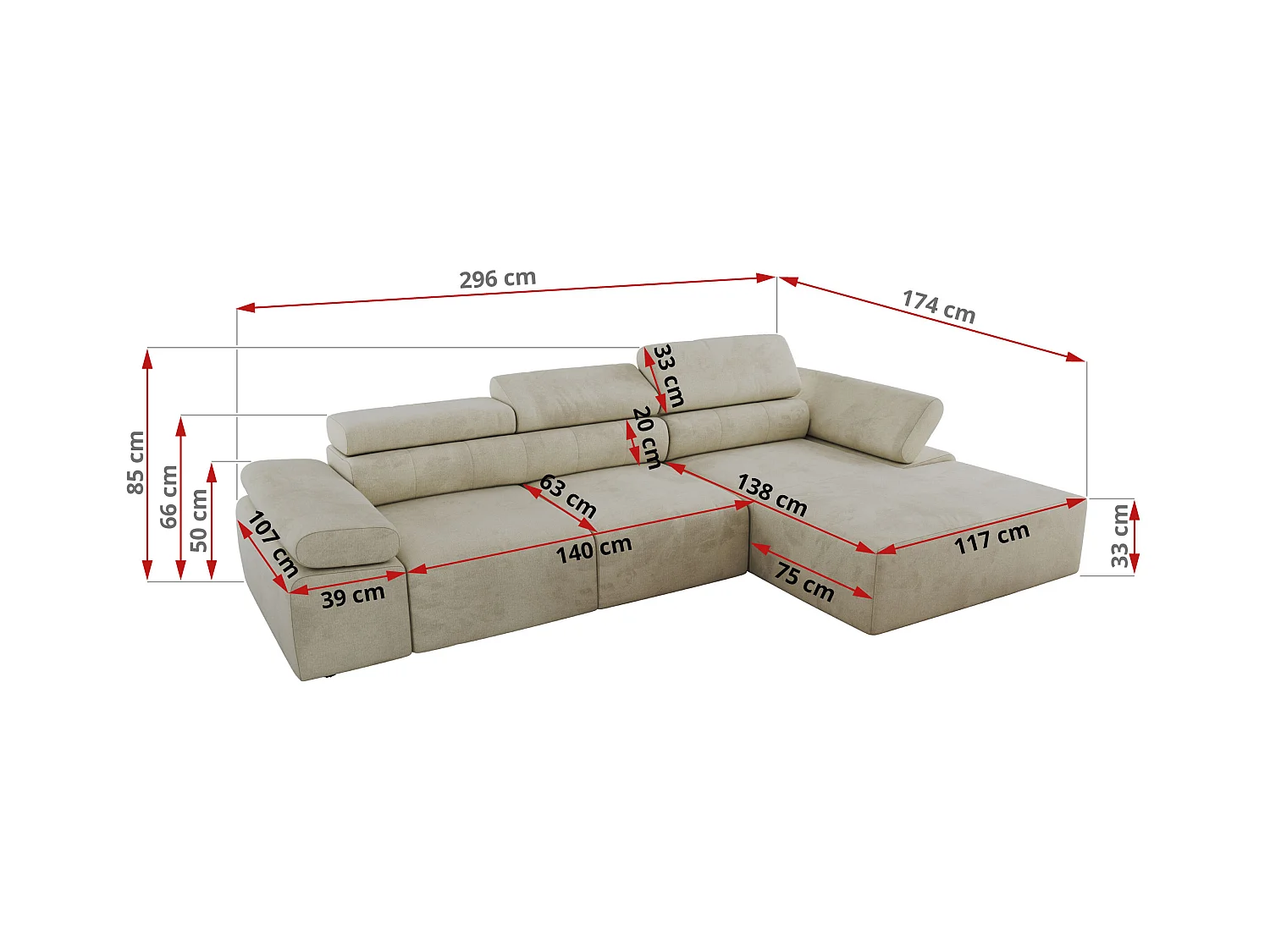 Ecksofa RILASSO - L-förmige Ecke mit Relax-funktion, elektrisch verstellbarer Sitz, Armlehnen - Beige Velvet - Ecke Rechts