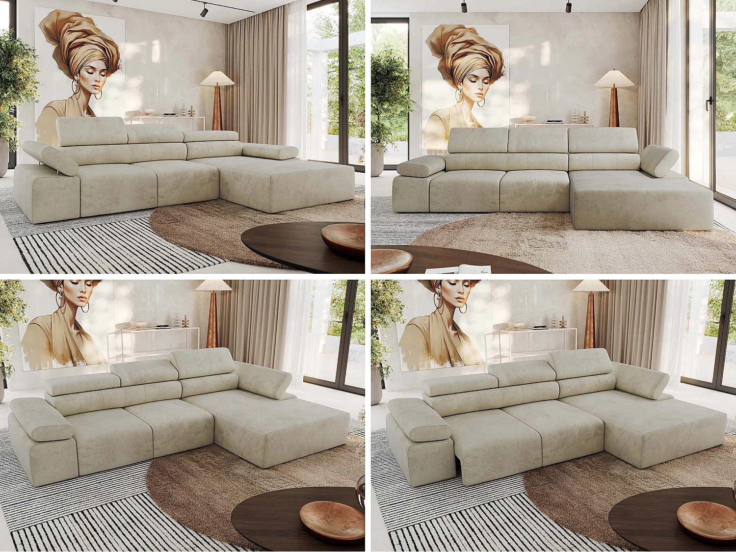 Ecksofa RILASSO - L-förmige Ecke mit Relax-funktion, elektrisch verstellbarer Sitz, Armlehnen - Beige Velvet - Ecke Rechts