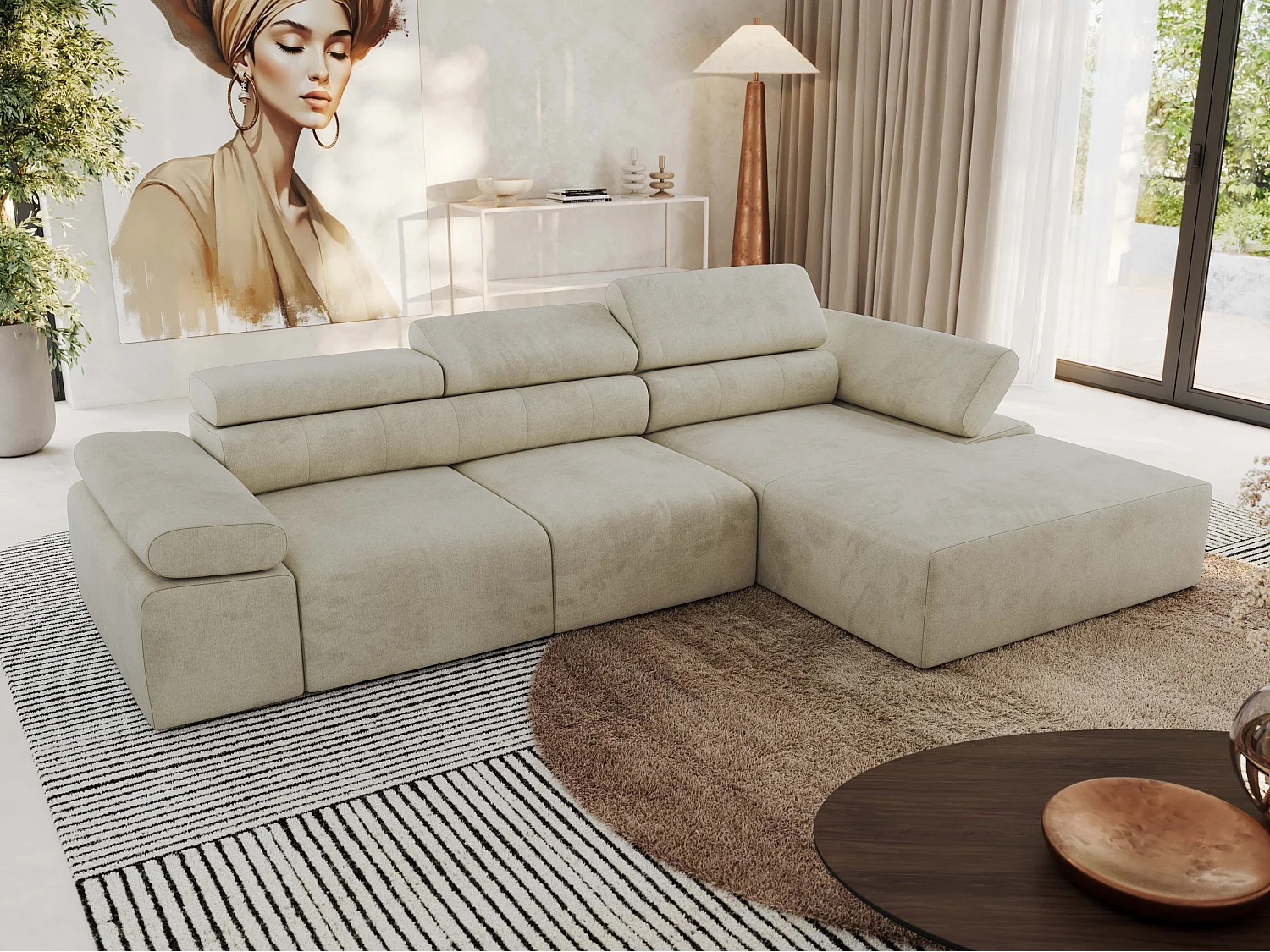 Ecksofa RILASSO - L-förmige Ecke mit Relax-funktion, elektrisch verstellbarer Sitz, Armlehnen - Beige Velvet - Ecke Rechts