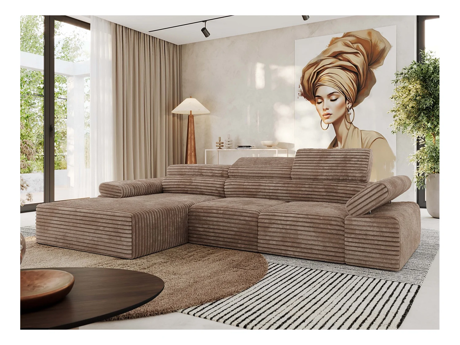 Ecksofa RILASSO - L-förmige Ecke mit Relax-funktion, elektrisch verstellbarer Sitz, Armlehnen - Braun Cord - Ecke Links