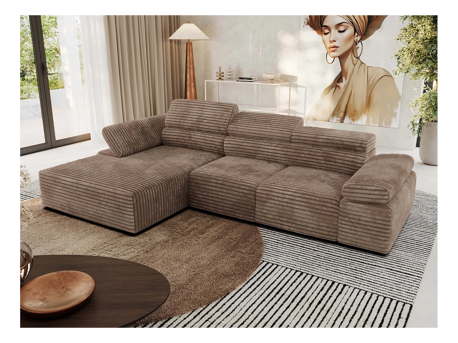 Ecksofa RILASSO - L-förmige Ecke mit Relax-funktion, elektrisch verstellbarer Sitz, Armlehnen - Braun Cord - Ecke Links