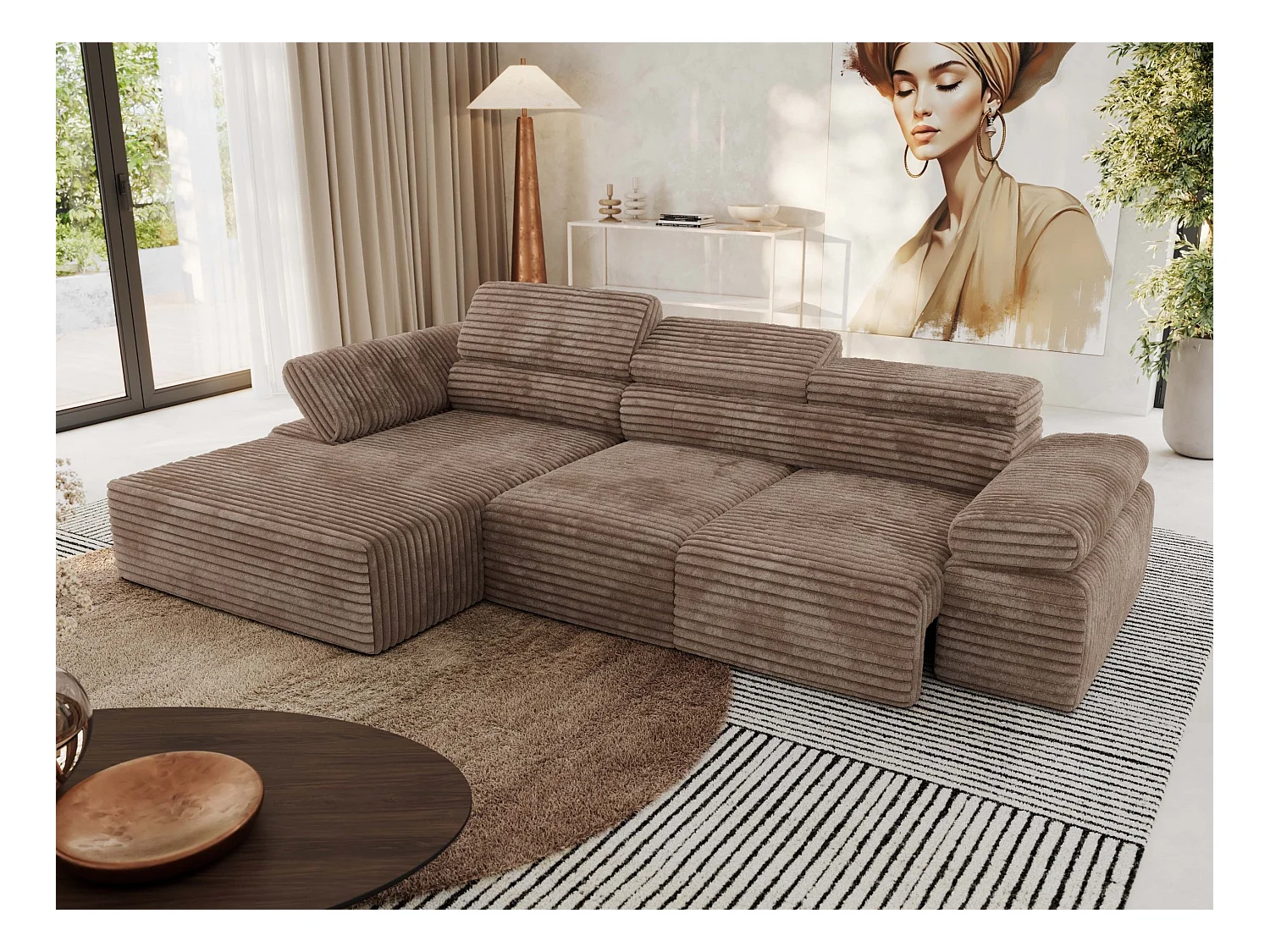 Ecksofa RILASSO - L-förmige Ecke mit Relax-funktion, elektrisch verstellbarer Sitz, Armlehnen - Braun Cord - Ecke Links