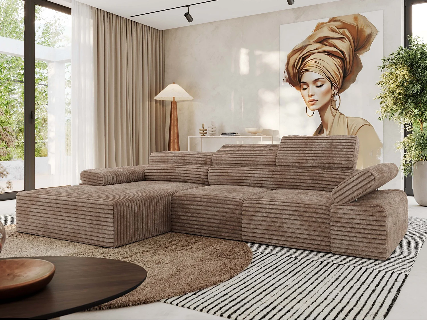 Ecksofa RILASSO - L-förmige Ecke mit Relax-funktion, elektrisch verstellbarer Sitz, Armlehnen - Braun Cord - Ecke Links