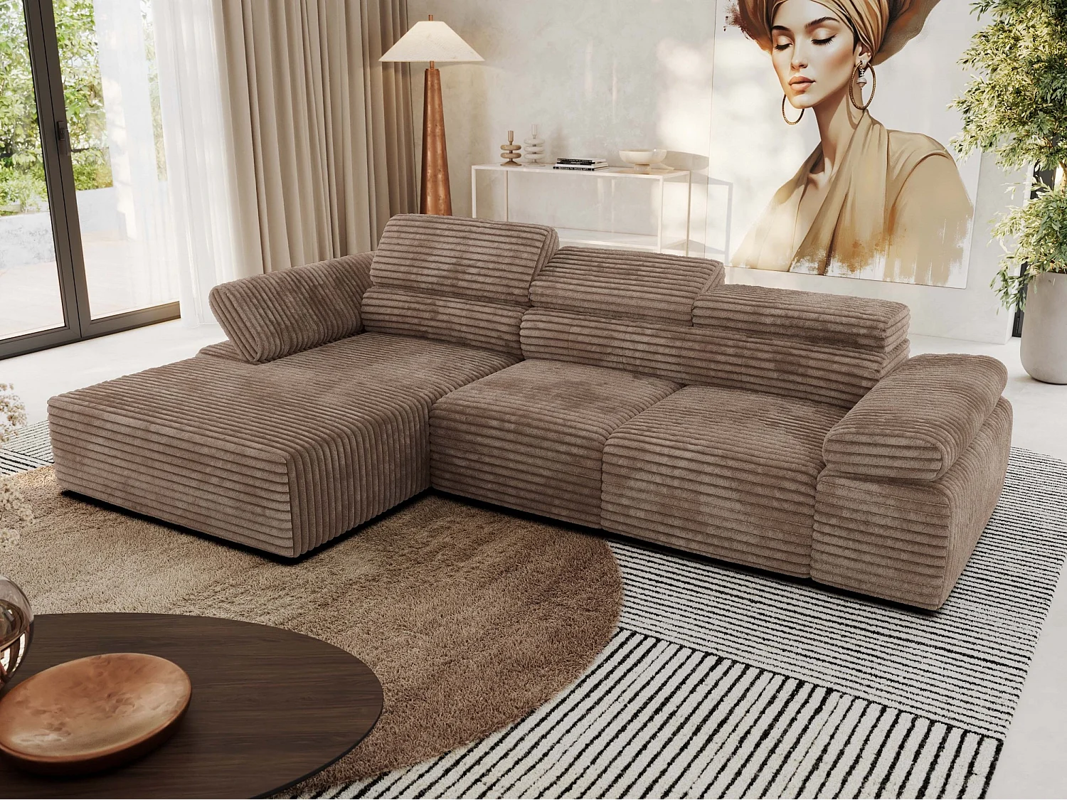 Ecksofa RILASSO - L-förmige Ecke mit Relax-funktion, elektrisch verstellbarer Sitz, Armlehnen - Braun Cord - Ecke Links