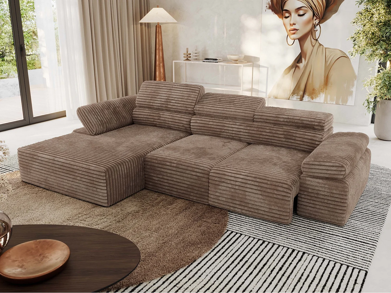 Ecksofa RILASSO - L-förmige Ecke mit Relax-funktion, elektrisch verstellbarer Sitz, Armlehnen - Braun Cord - Ecke Links