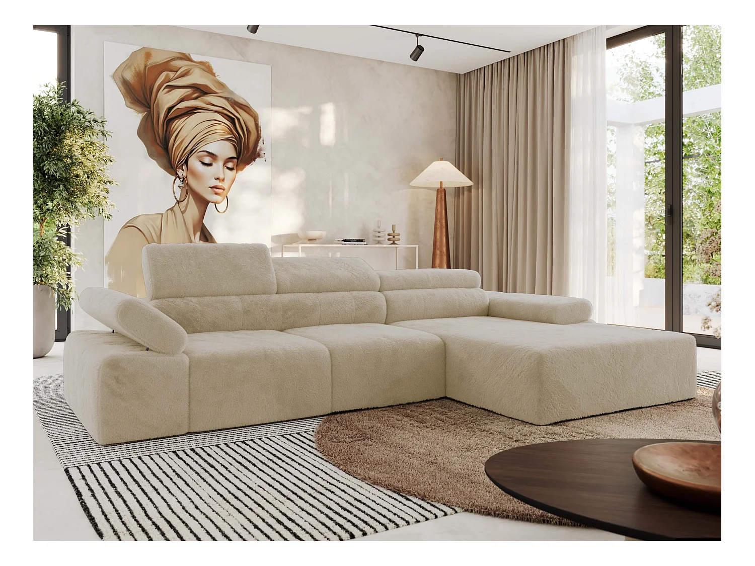 Ecksofa RILASSO - L-förmige Ecke mit Relax-funktion, elektrisch verstellbarer Sitz, Armlehnen - Creme Plüsch - Ecke Rechts