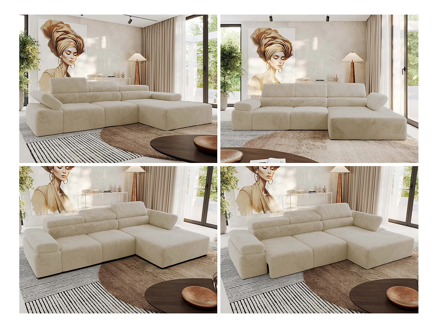 Ecksofa RILASSO - L-förmige Ecke mit Relax-funktion, elektrisch verstellbarer Sitz, Armlehnen - Creme Plüsch - Ecke Rechts