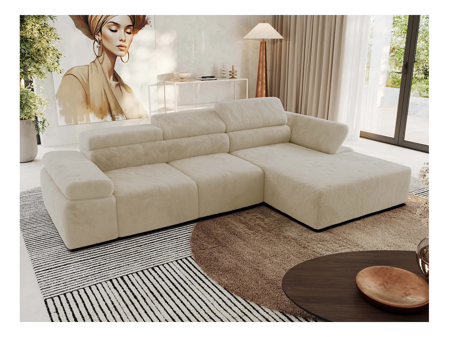 Ecksofa RILASSO - L-förmige Ecke mit Relax-funktion, elektrisch verstellbarer Sitz, Armlehnen - Creme Plüsch - Ecke Rechts