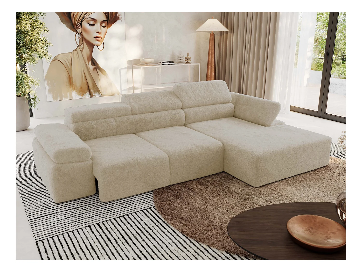 Ecksofa RILASSO - L-förmige Ecke mit Relax-funktion, elektrisch verstellbarer Sitz, Armlehnen - Creme Plüsch - Ecke Rechts