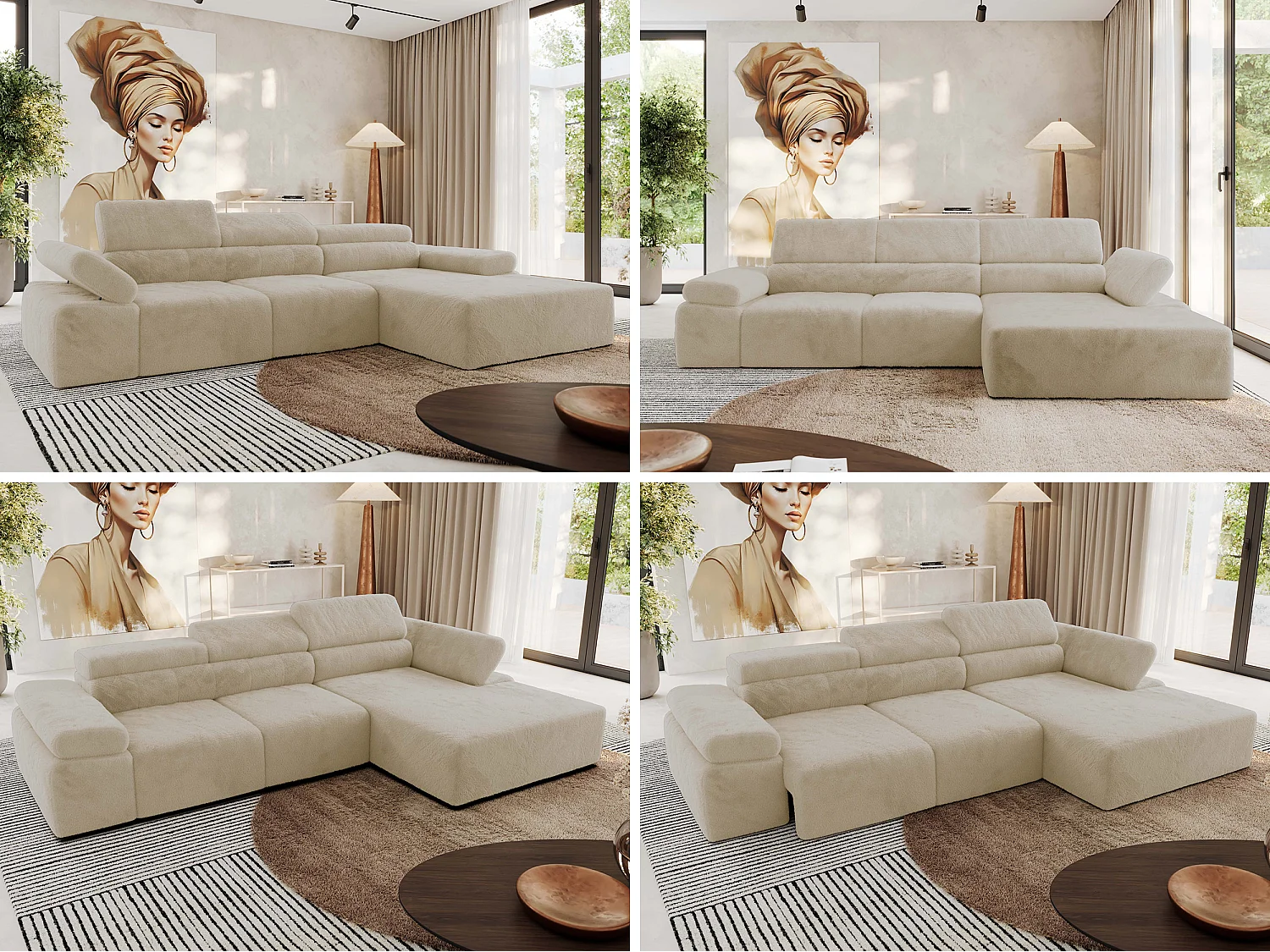 Ecksofa RILASSO - L-förmige Ecke mit Relax-funktion, elektrisch verstellbarer Sitz, Armlehnen - Creme Plüsch - Ecke Rechts