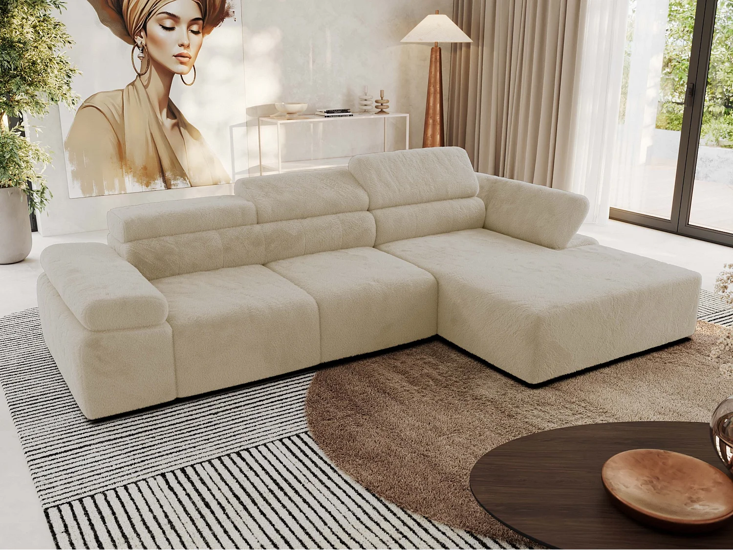 Ecksofa RILASSO - L-förmige Ecke mit Relax-funktion, elektrisch verstellbarer Sitz, Armlehnen - Creme Plüsch - Ecke Rechts