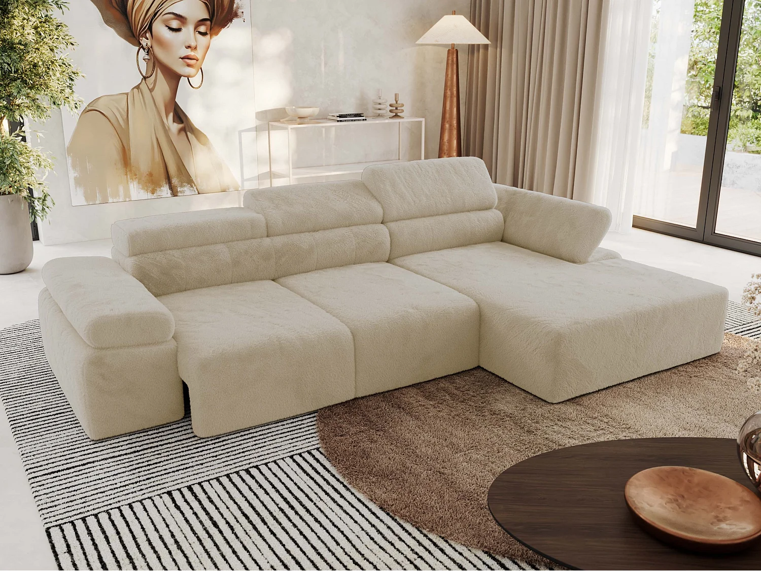 Ecksofa RILASSO - L-förmige Ecke mit Relax-funktion, elektrisch verstellbarer Sitz, Armlehnen - Creme Plüsch - Ecke Rechts