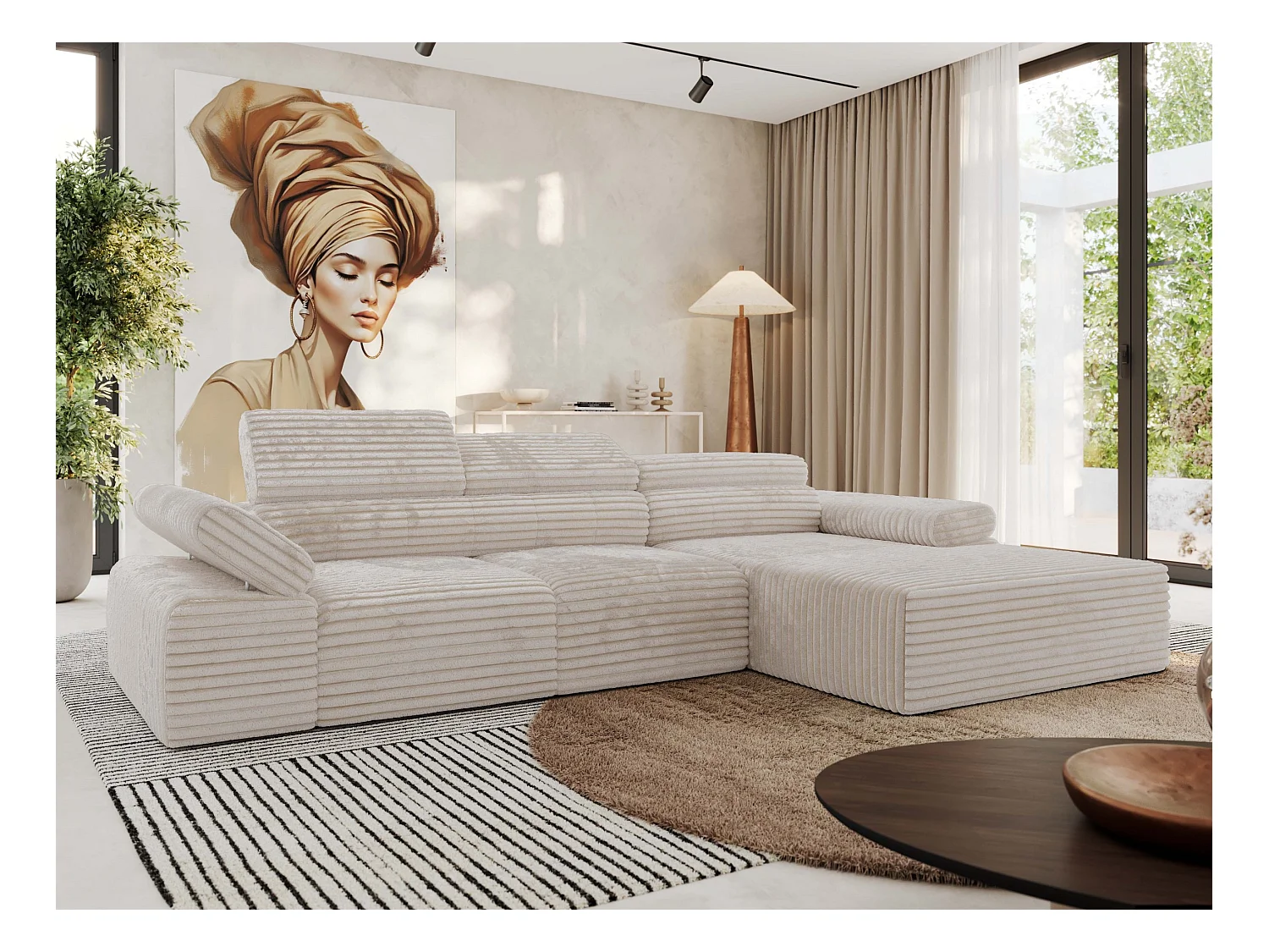 Ecksofa RILASSO - L-förmige Ecke mit Relax-funktion, elektrisch verstellbarer Sitz, Armlehnen - Beige Cord - Ecke Rechts