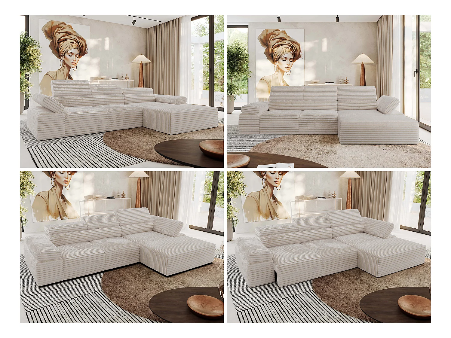Ecksofa RILASSO - L-förmige Ecke mit Relax-funktion, elektrisch verstellbarer Sitz, Armlehnen - Beige Cord - Ecke Rechts