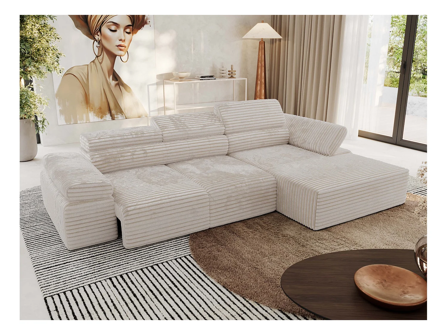 Ecksofa RILASSO - L-förmige Ecke mit Relax-funktion, elektrisch verstellbarer Sitz, Armlehnen - Beige Cord - Ecke Rechts