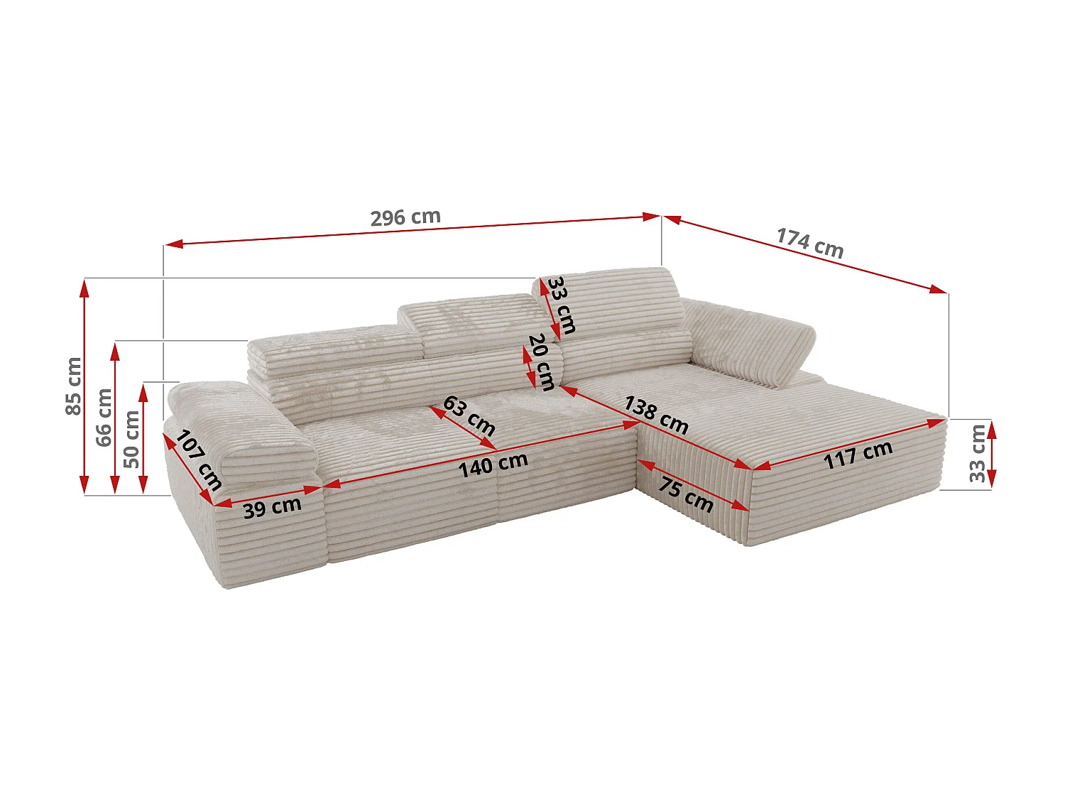 Ecksofa RILASSO - L-förmige Ecke mit Relax-funktion, elektrisch verstellbarer Sitz, Armlehnen - Beige Cord - Ecke Rechts