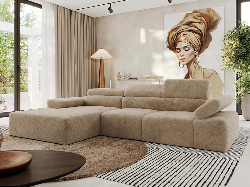 Ecksofa RILASSO - L-förmige Ecke mit Relax-funktion, elektrisch verstellbarer Sitz, Armlehnen - Beige Plüsch - Ecke Links