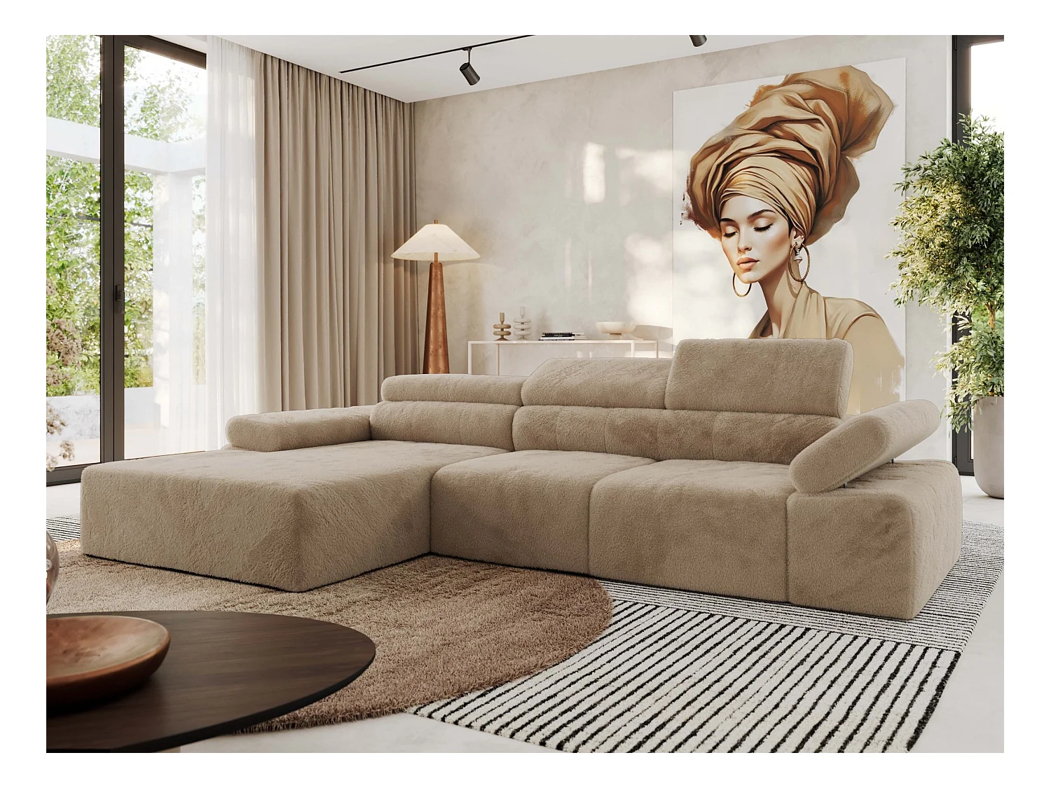 Ecksofa RILASSO - L-förmige Ecke mit Relax-funktion, elektrisch verstellbarer Sitz, Armlehnen - Beige Plüsch - Ecke Links
