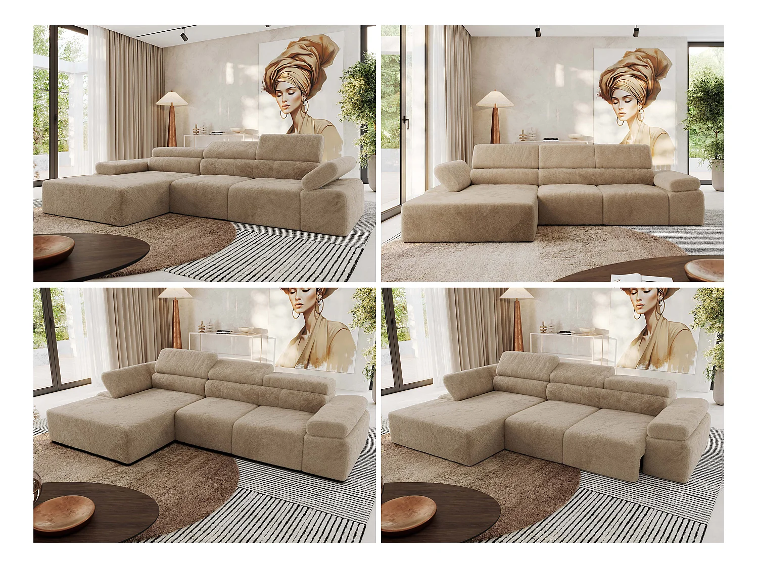 Ecksofa RILASSO - L-förmige Ecke mit Relax-funktion, elektrisch verstellbarer Sitz, Armlehnen - Beige Plüsch - Ecke Links