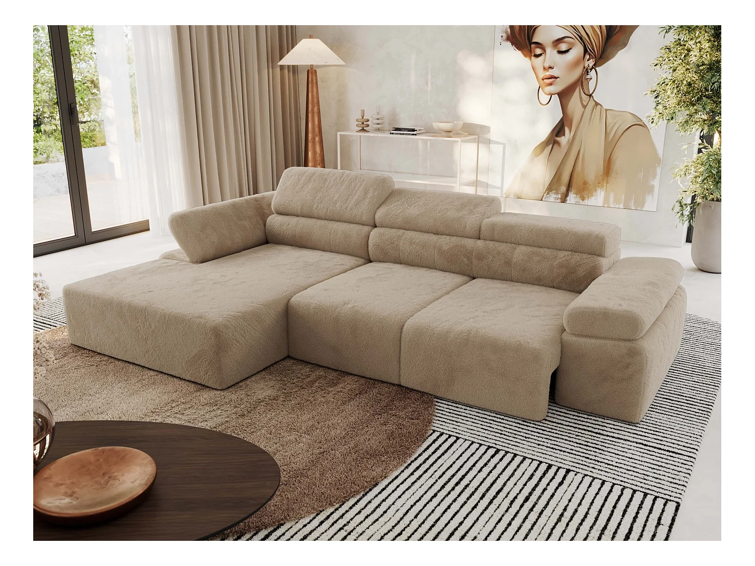 Ecksofa RILASSO - L-förmige Ecke mit Relax-funktion, elektrisch verstellbarer Sitz, Armlehnen - Beige Plüsch - Ecke Links