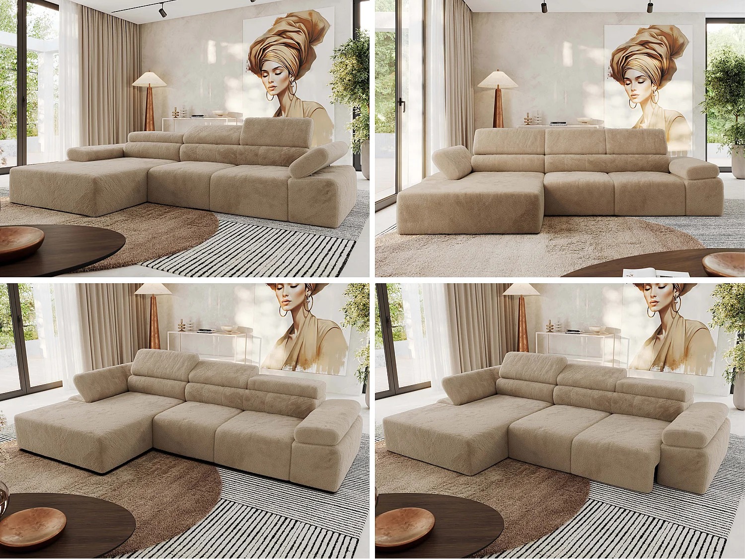 Ecksofa RILASSO - L-förmige Ecke mit Relax-funktion, elektrisch verstellbarer Sitz, Armlehnen - Beige Plüsch - Ecke Links