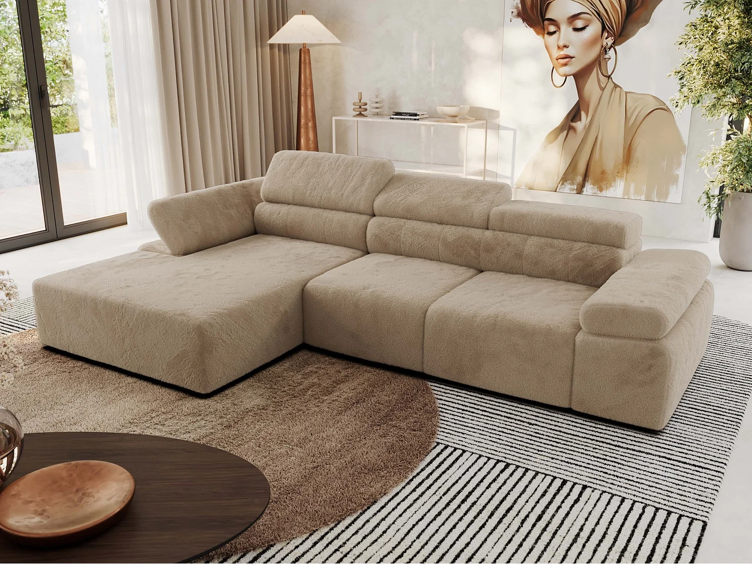Ecksofa RILASSO - L-förmige Ecke mit Relax-funktion, elektrisch verstellbarer Sitz, Armlehnen - Beige Plüsch - Ecke Links