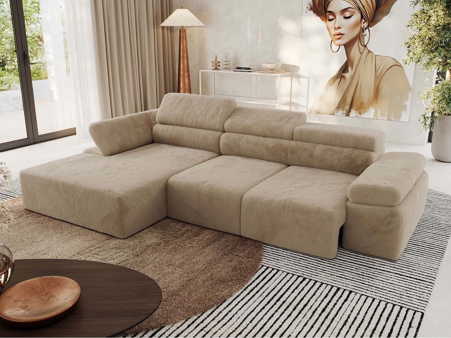 Ecksofa RILASSO - L-förmige Ecke mit Relax-funktion, elektrisch verstellbarer Sitz, Armlehnen - Beige Plüsch - Ecke Links