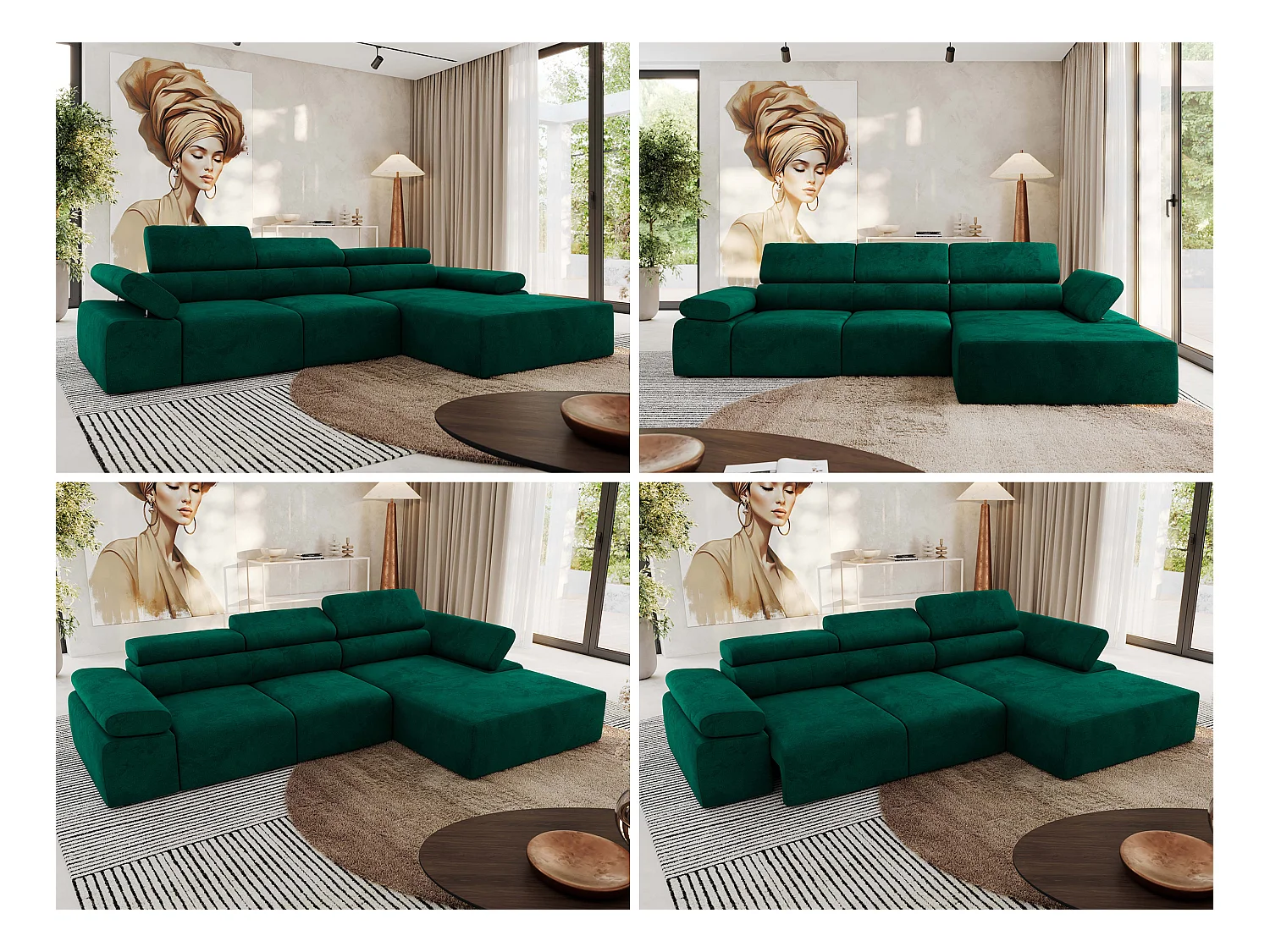 Ecksofa RILASSO - L-förmige Ecke mit Relax-funktion, elektrisch verstellbarer Sitz, Armlehnen - Dunkelgrün Velvet - Ecke Rechts