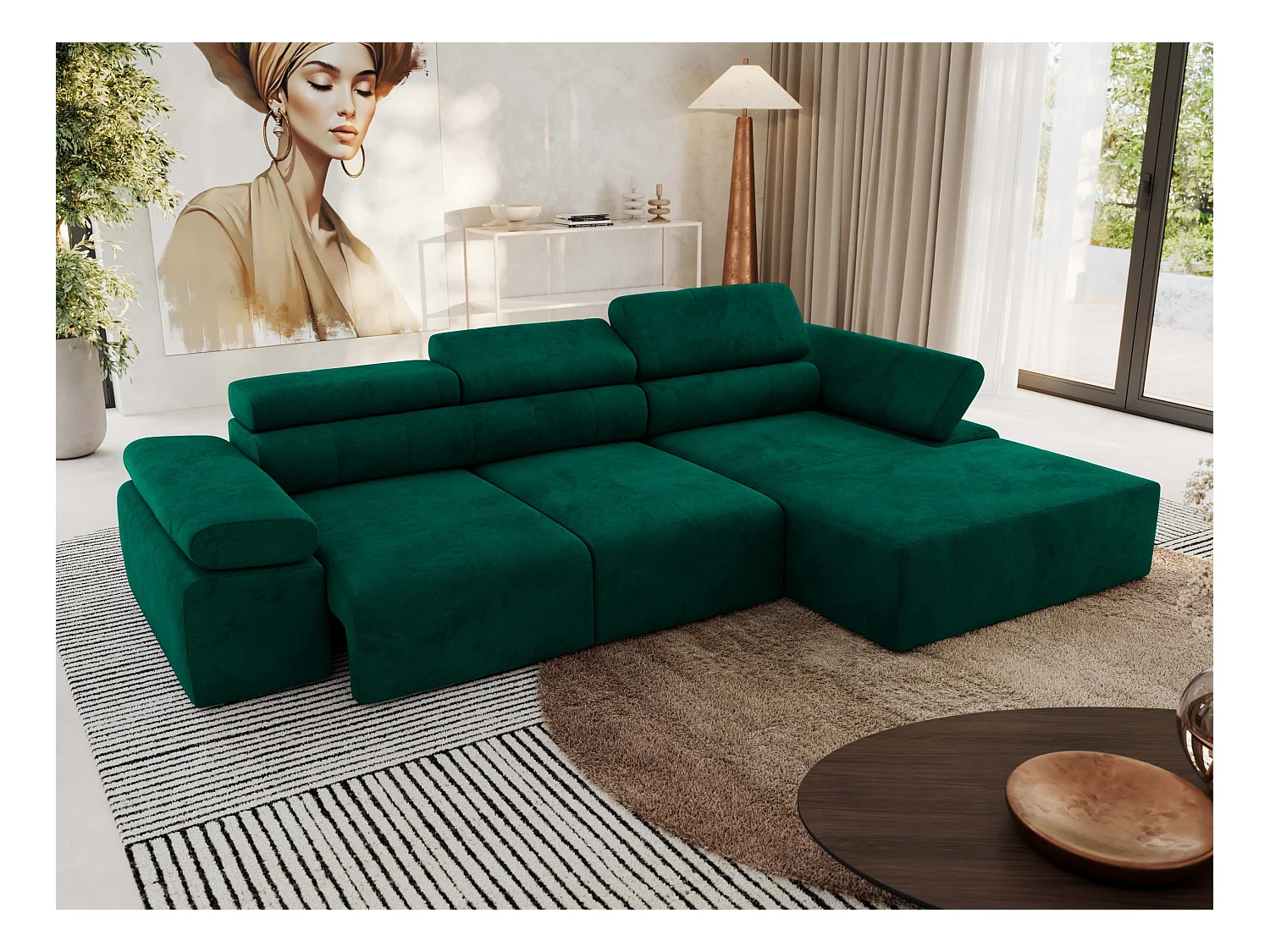 Ecksofa RILASSO - L-förmige Ecke mit Relax-funktion, elektrisch verstellbarer Sitz, Armlehnen - Dunkelgrün Velvet - Ecke Rechts